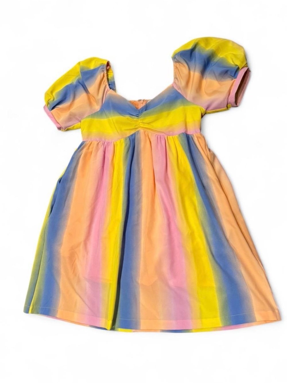 Pastel Rainbow English Factory Puff Sleeve Babydoll Mini Cottagecore Dress M